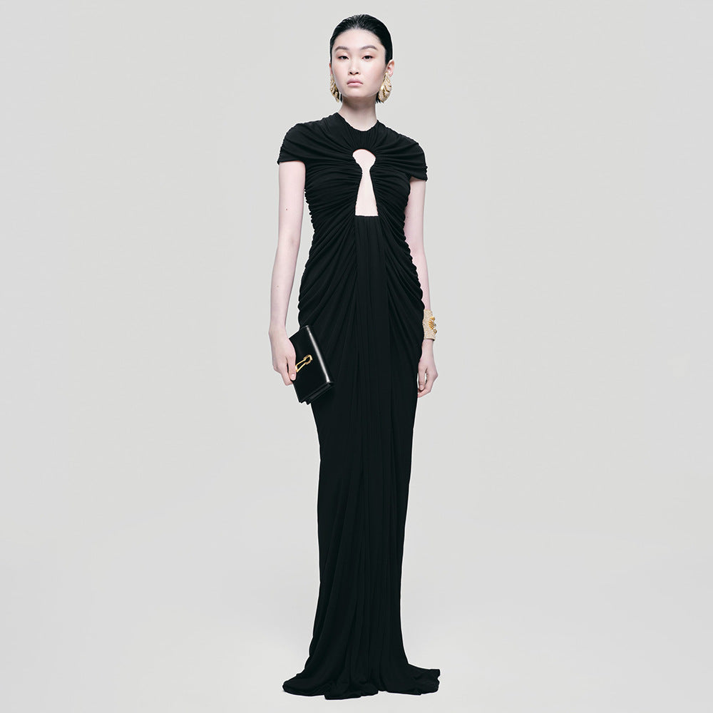 Ruched Keyhole Cut Out Cap Sleeve Floor Length Bodycon Maxi Gown - View 4