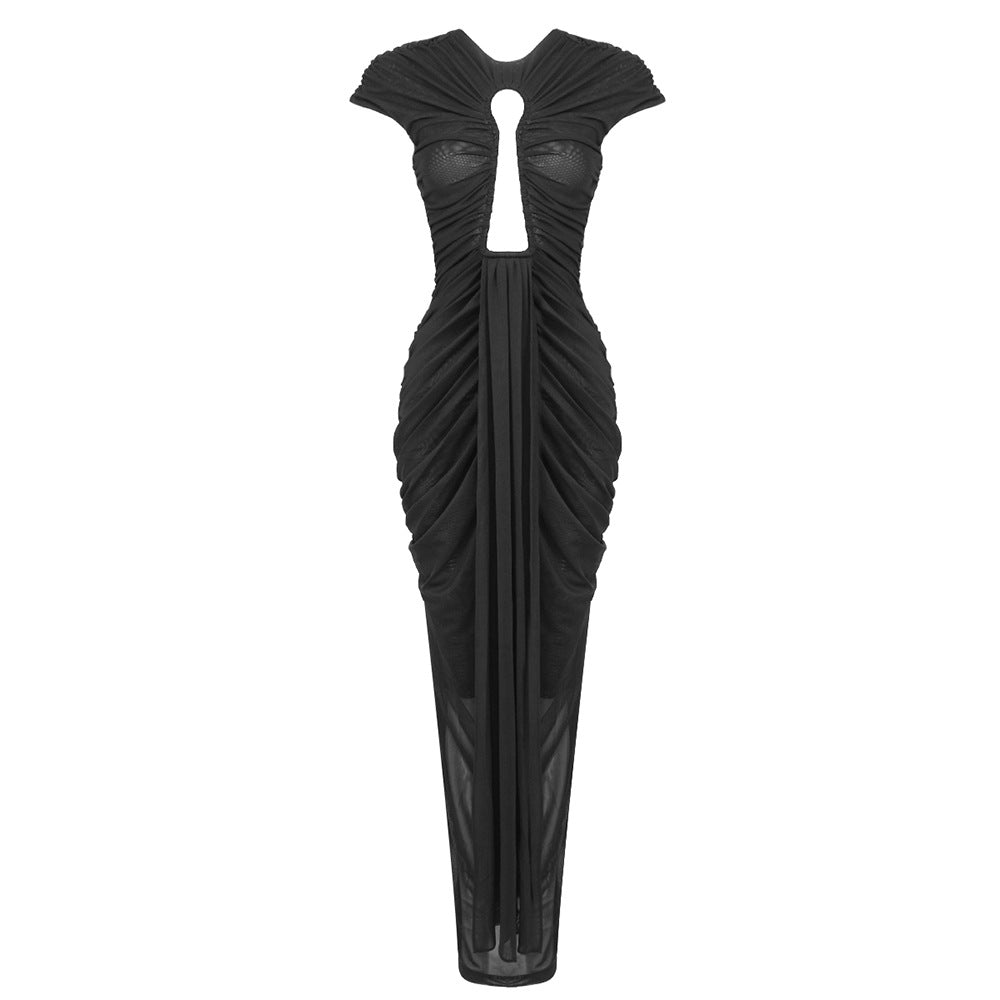 Ruched Keyhole Cut Out Cap Sleeve Floor Length Bodycon Maxi Gown - View 5