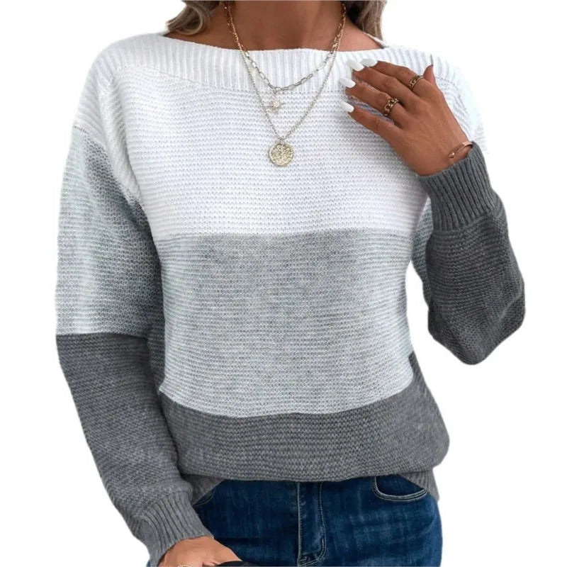 Boat Neck Colorblock Long Sleeve Knit Sweater 10