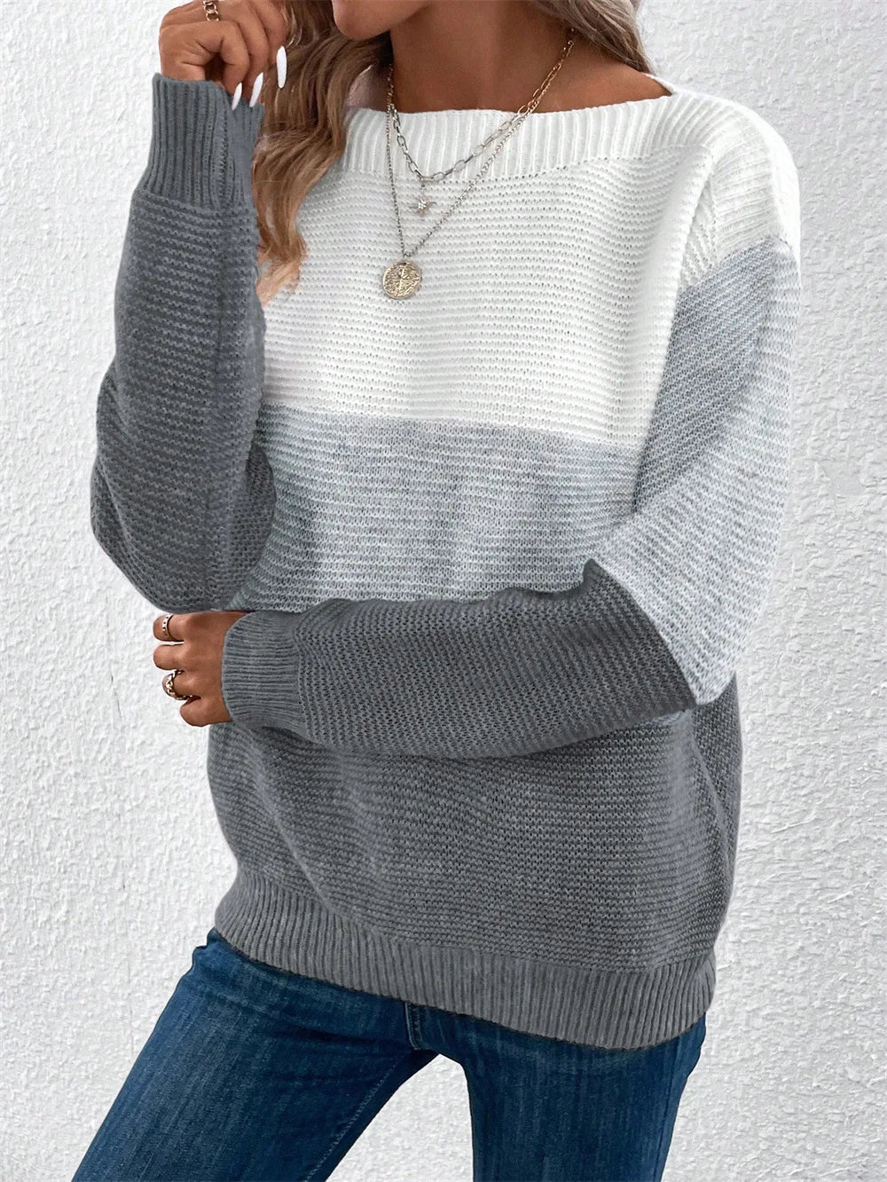 Boat Neck Colorblock Long Sleeve Knit Sweater