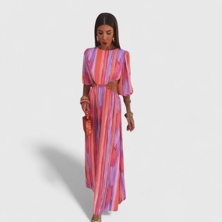 Watercolor Stripe Cut Out Waist Maxi Dress