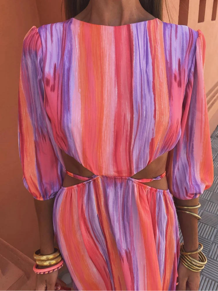 Striped Puff Sleeve Round Neck Side Cut Out Maxi Dress - View 6