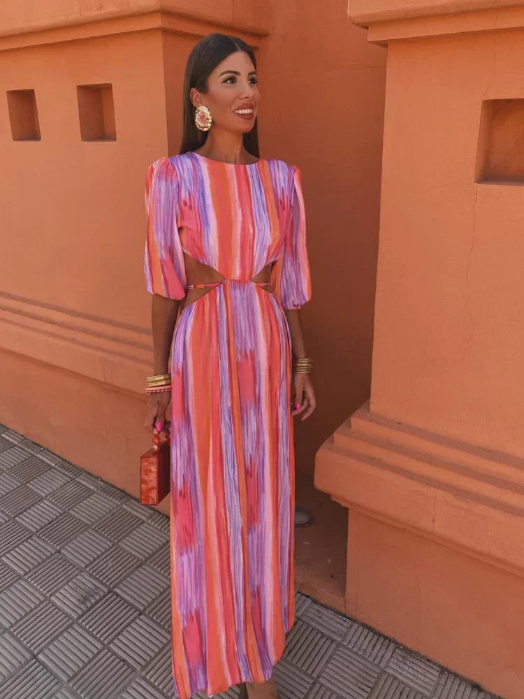Striped Puff Sleeve Round Neck Side Cut Out Maxi Dress - View 3