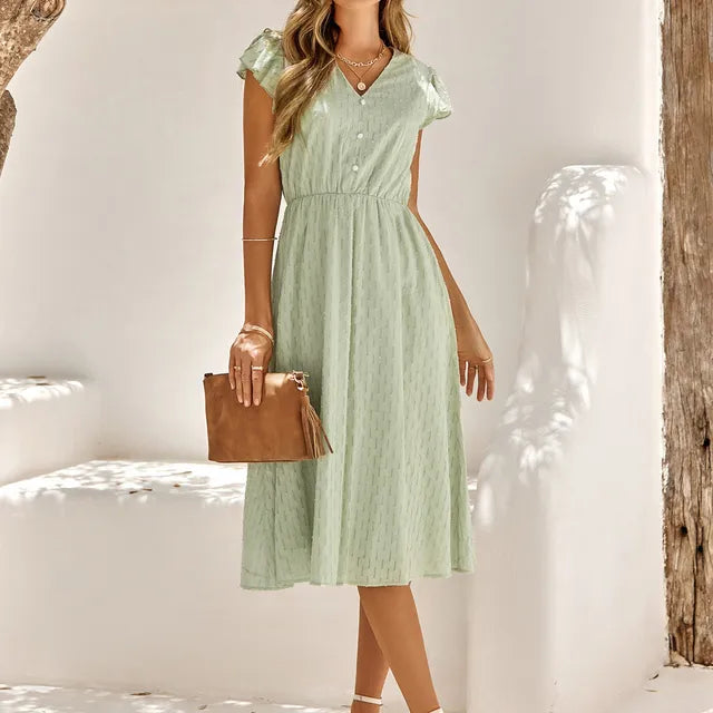 Swiss Dot V-Neck Flutter Sleeve Button Front A-Line Midi Dress - View 3