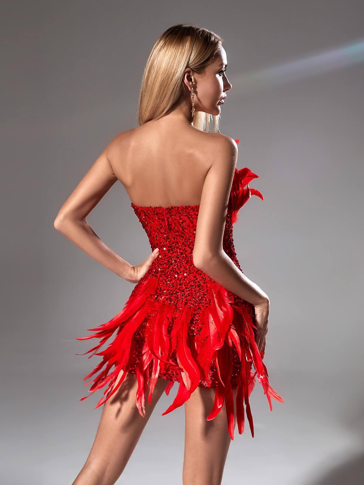 Sequin Strapless Feather Trim Mini Dress - View 7