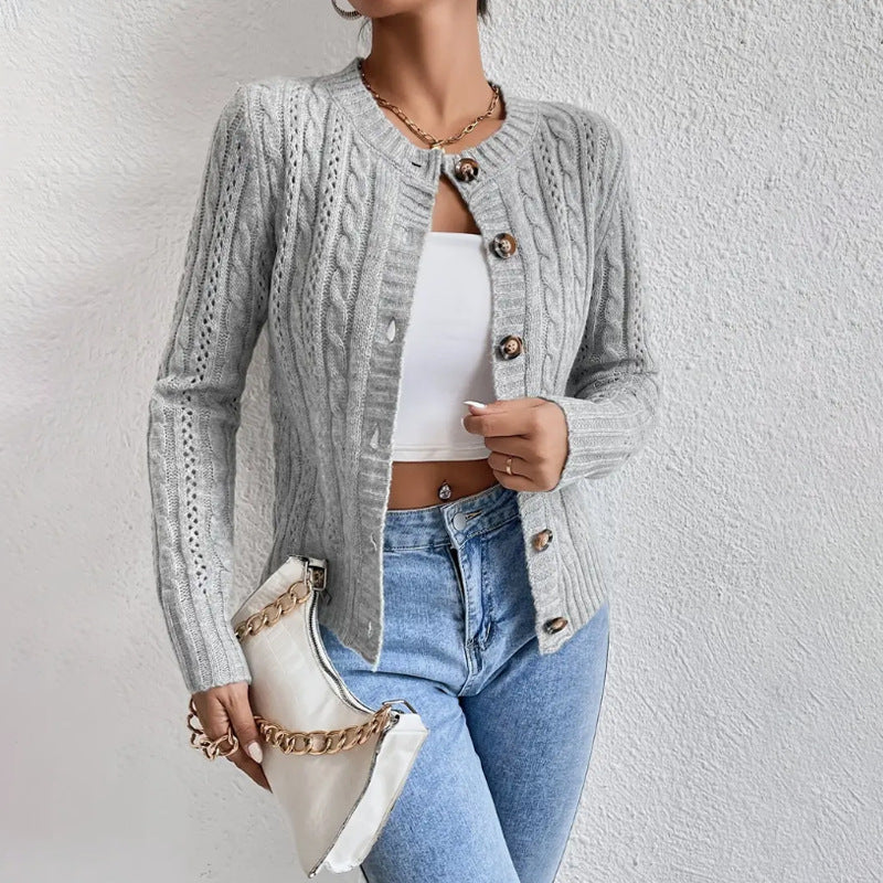 Crew Neck Cable Knit Button Front Cropped Cardigan 2