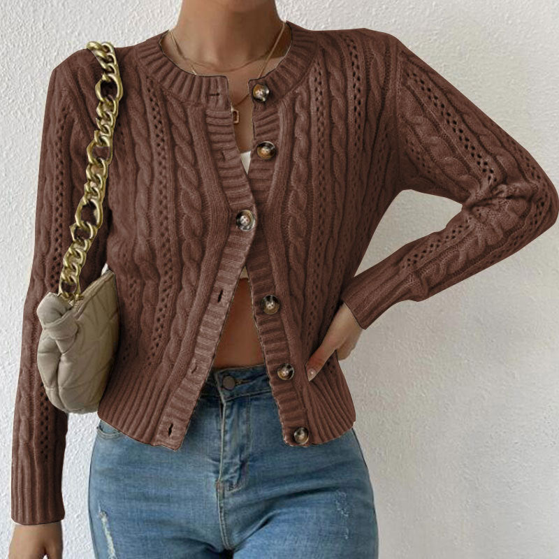 Crew Neck Cable Knit Button Front Cropped Cardigan 4