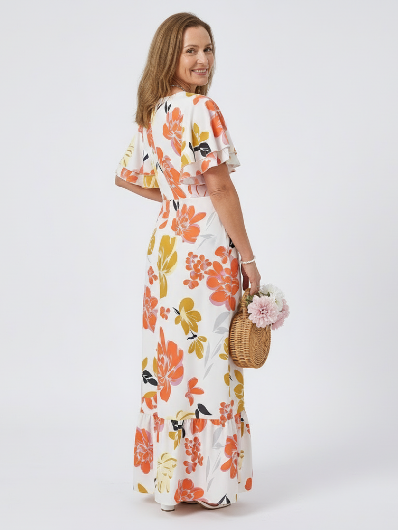 Floral Round Neck Flutter Sleeve Tiered Maxi Dress 3