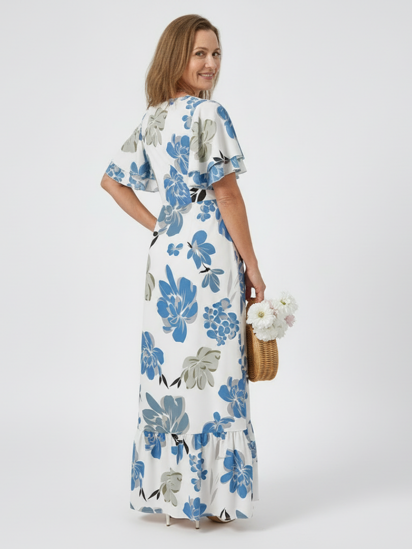 Floral Round Neck Flutter Sleeve Tiered Maxi Dress 5