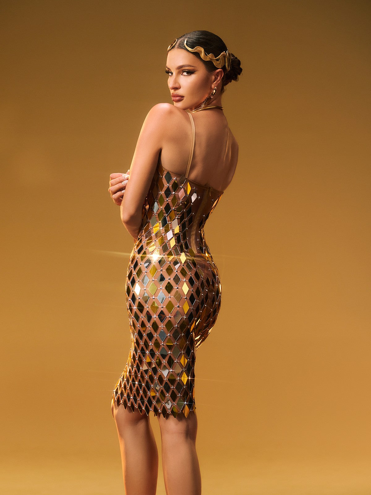 Spaghetti Strap V-Neck Mirror Rhinestone Mesh Bodycon Mini Dress - View 6