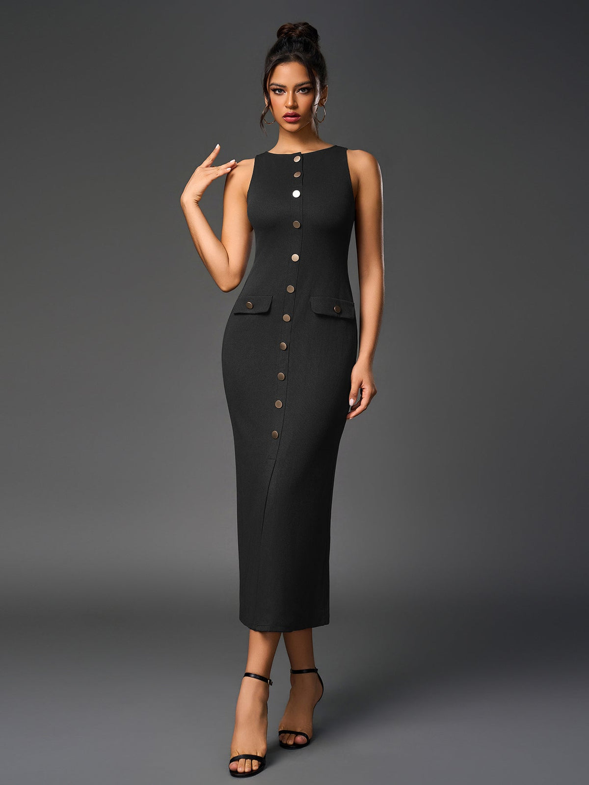 Ribbed Knit Sleeveless Button Front Split Bodycon Maxi Dress - View 3