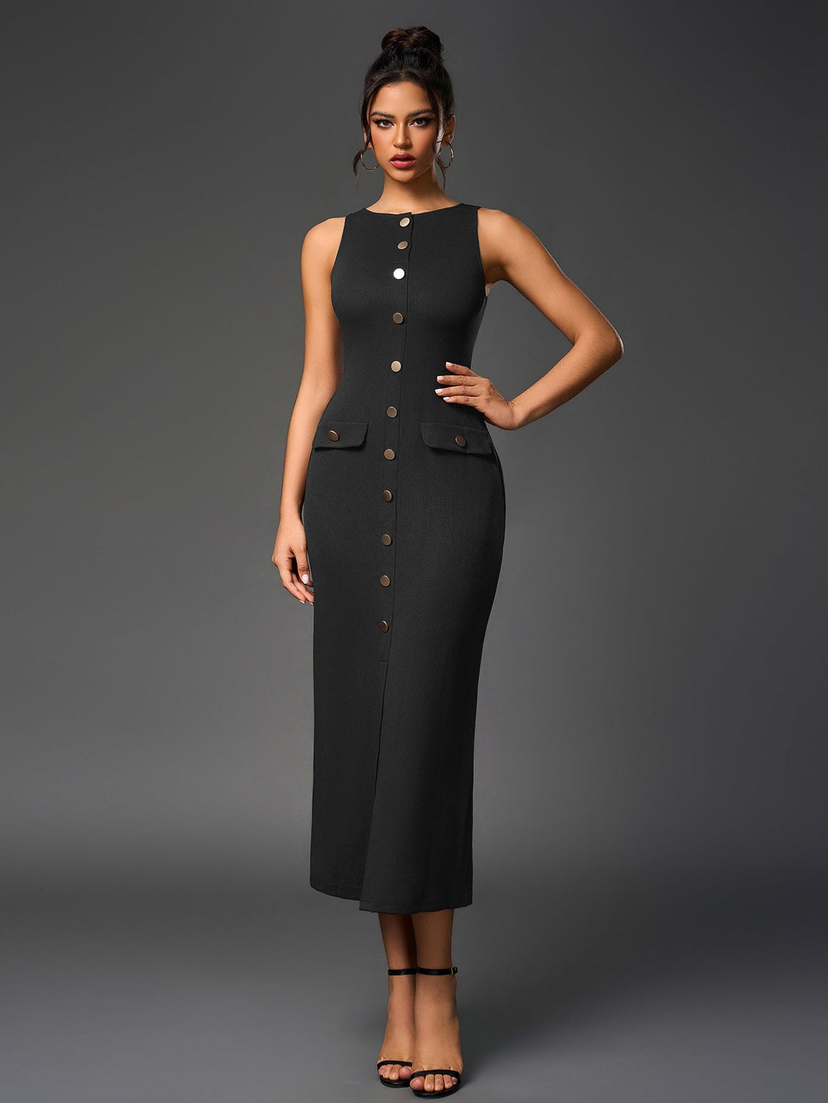 Ribbed Knit Sleeveless Button Front Split Bodycon Maxi Dress - View 2
