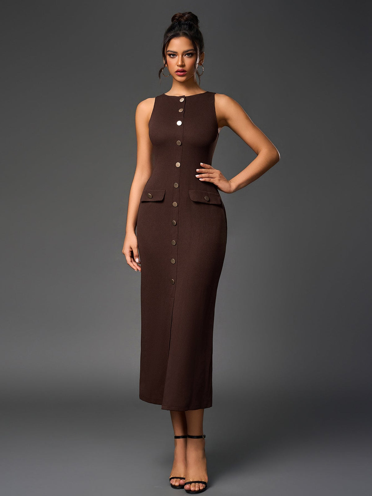 Ribbed Knit Sleeveless Button Front Split Bodycon Maxi Dress - View 8