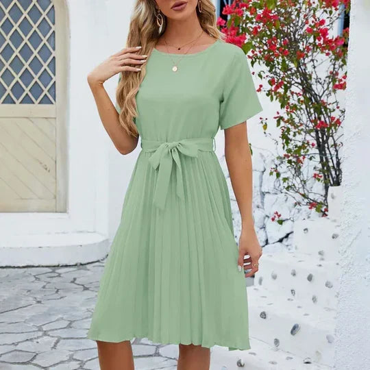Round Neck Short Sleeve Tie Waist Pleated Fit and Flare Midi Dress