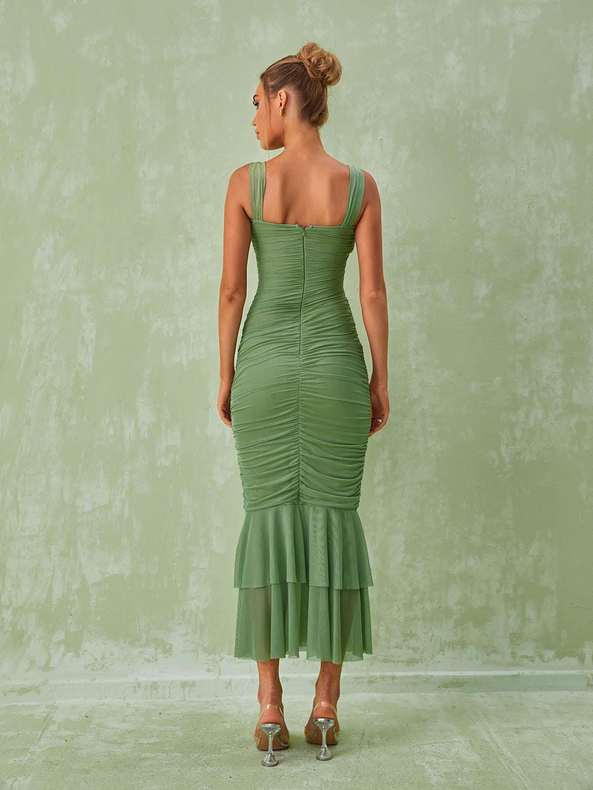 Eri Ruched Mesh Maxi Dress In Green - View 5