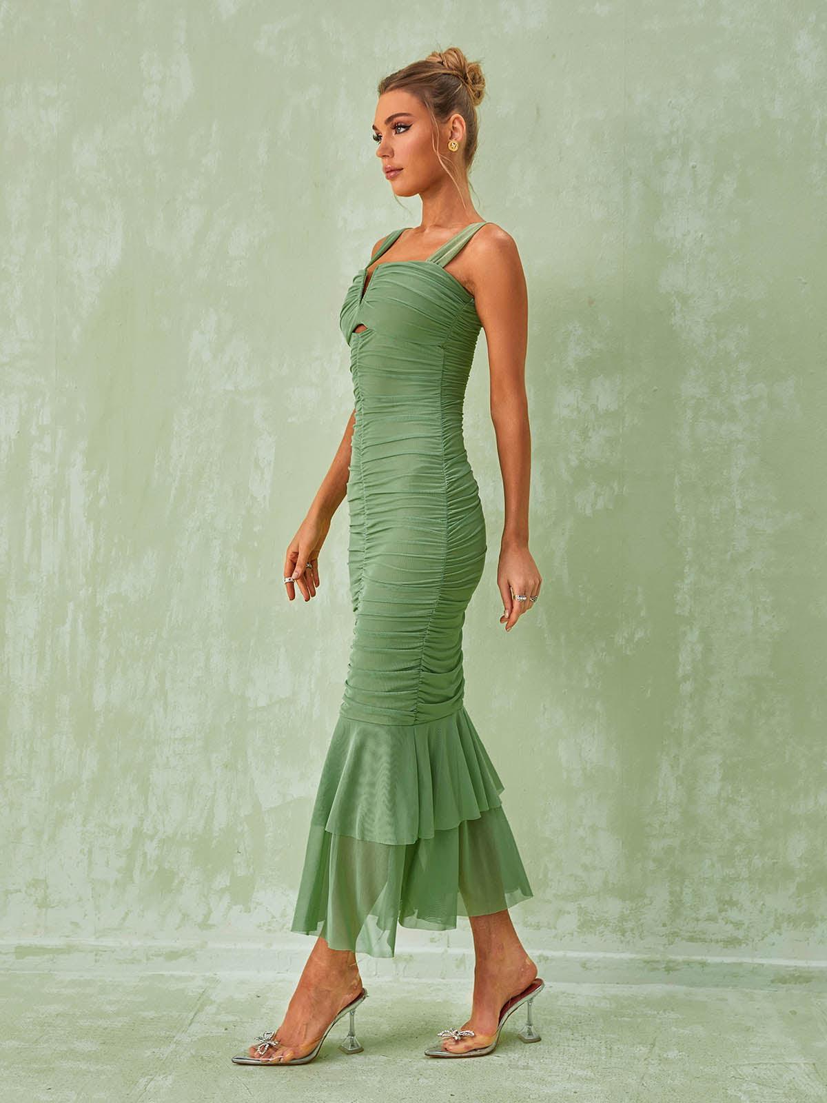 Eri Ruched Mesh Maxi Dress In Green - View 3