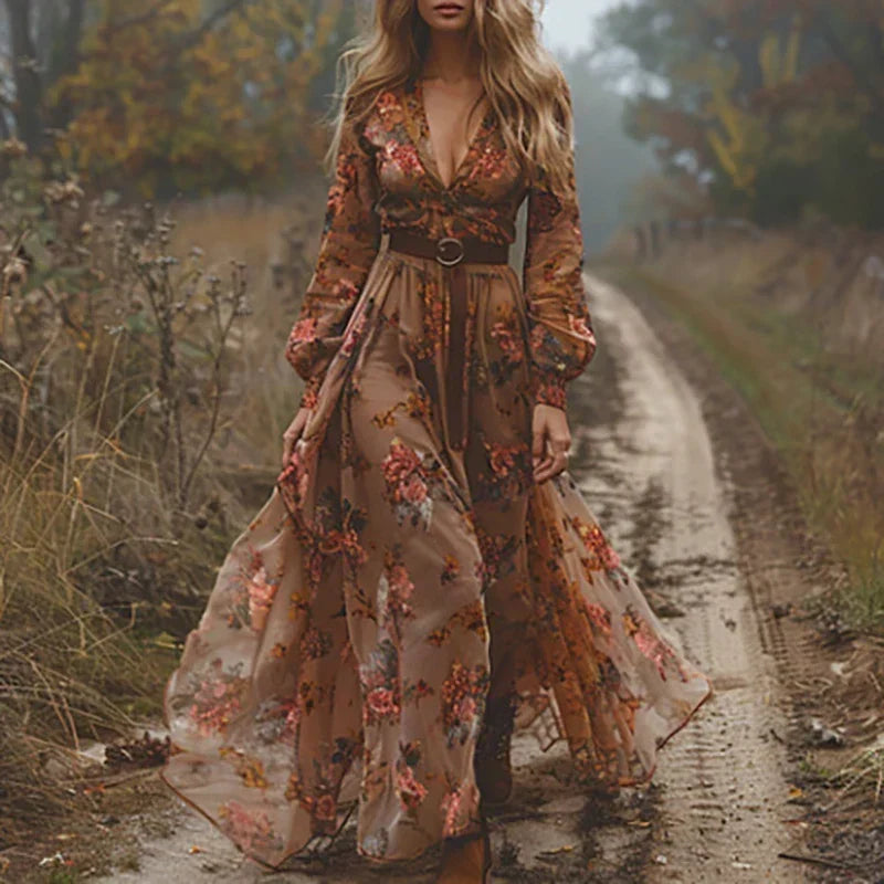 Embroidered Deep V-Neck Puff Sleeve Belted Boho Maxi Dress 10