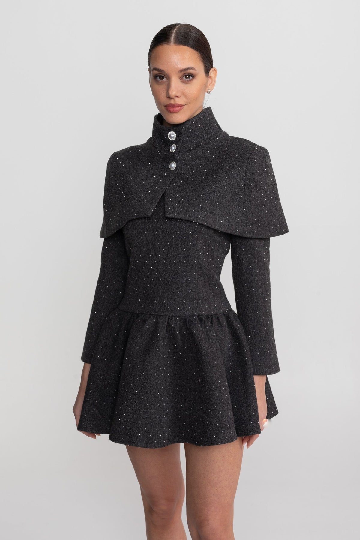 Long Sleeve Mini Dress With Detachable Cape Overlay - Charcoal - View 4