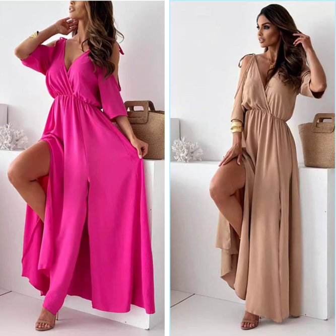 Deep V-Neck Wrap Tie Sleeve High Split Maxi Dress 10