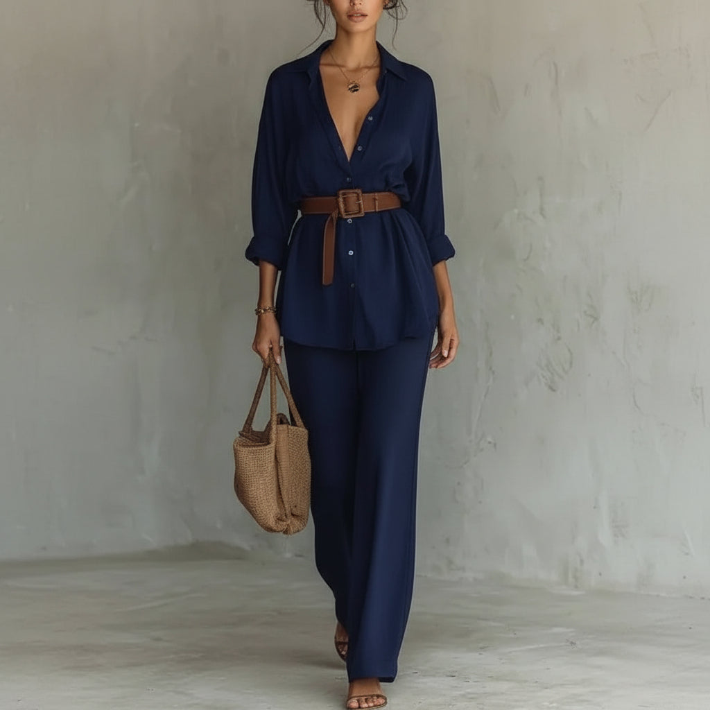 Collared Long Sleeve Wrap Maxi Two Piece Set 3