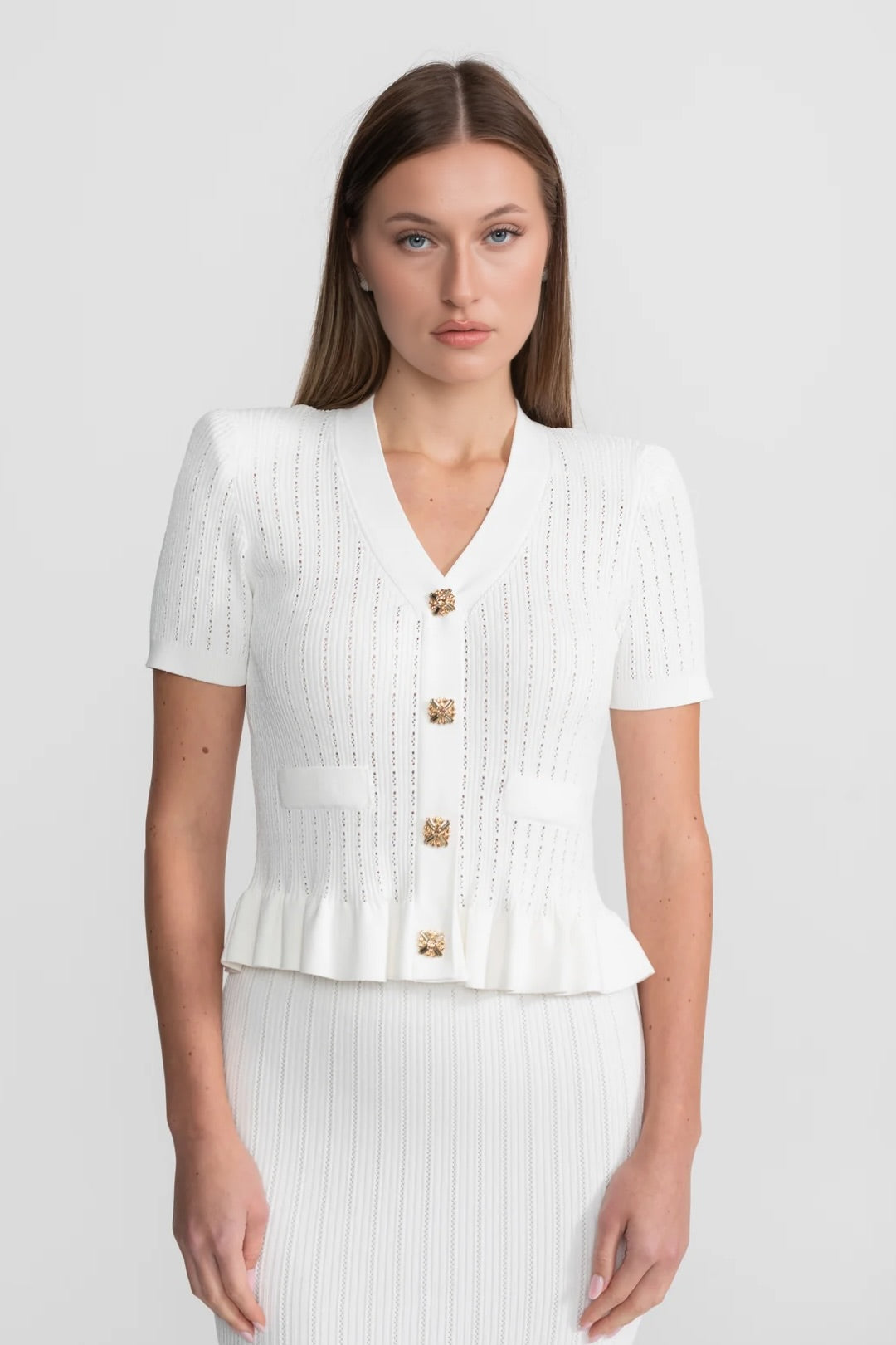 Knit Midi Co-Ord with Peplum Waist and Gold Buttons – White - View 2