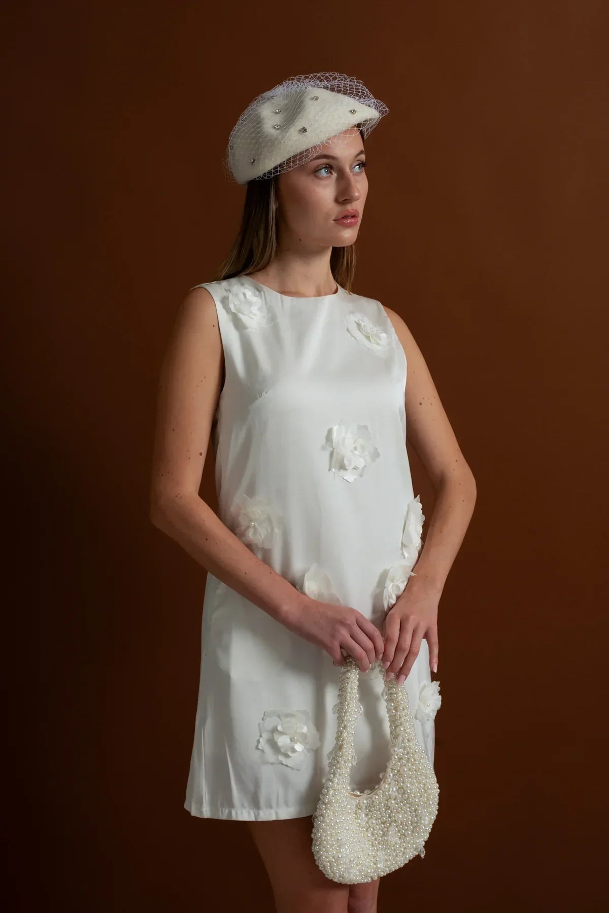 3D Floral Appliqué Mini Dress – White - View 2