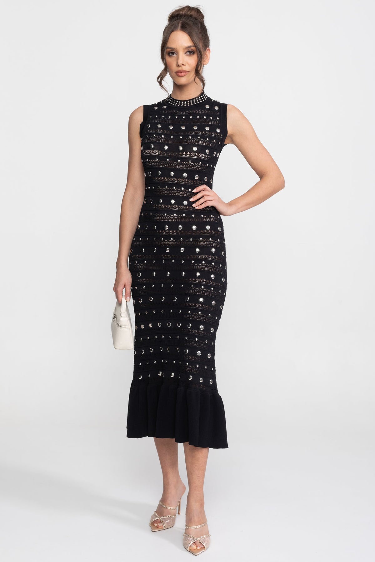 Embellished Knit Midi Dress With High Neck And Ruffle Hem - Black - View 3