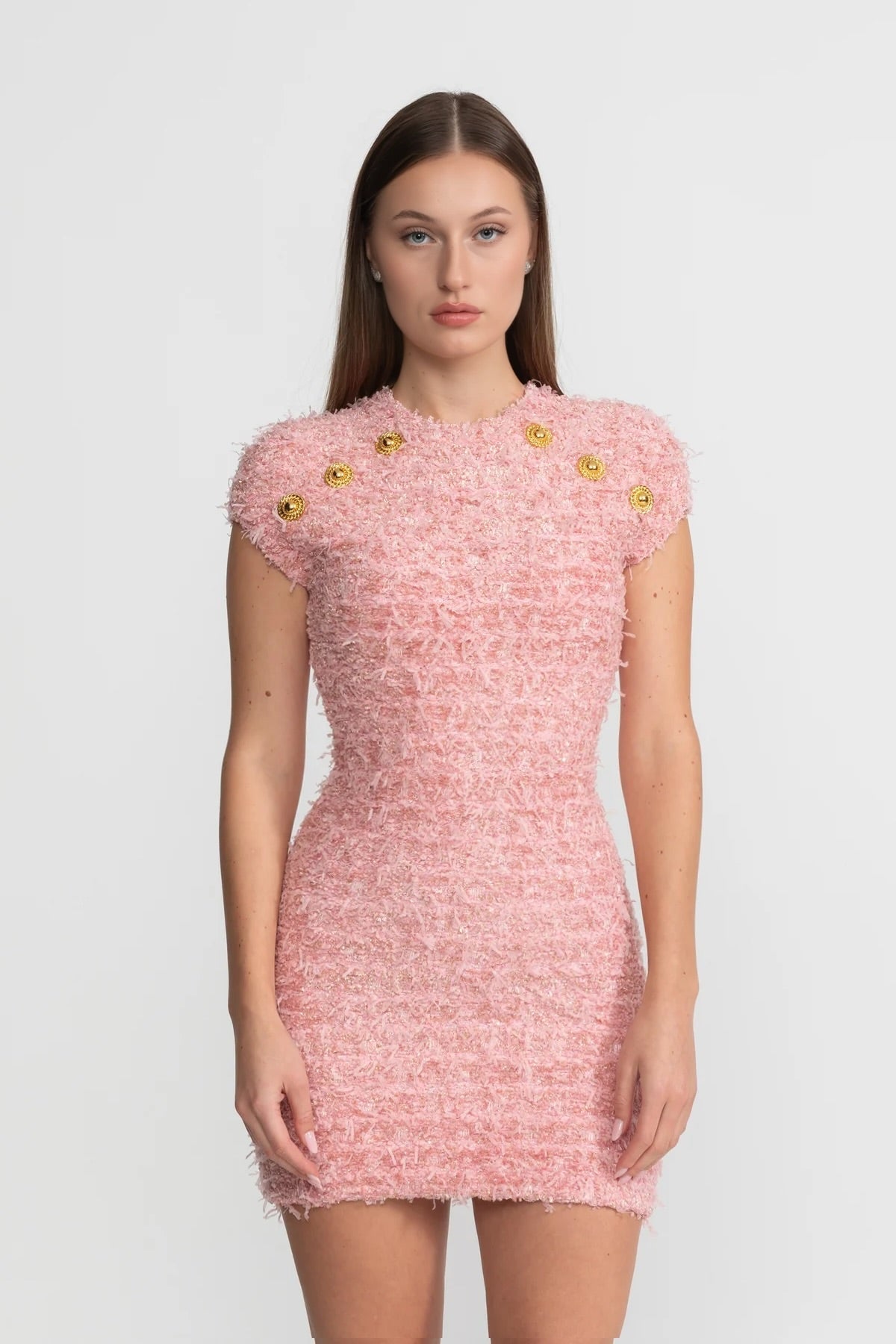 Tweed Crew Neck Cap Sleeve Metallic Button Bodycon Mini Dress