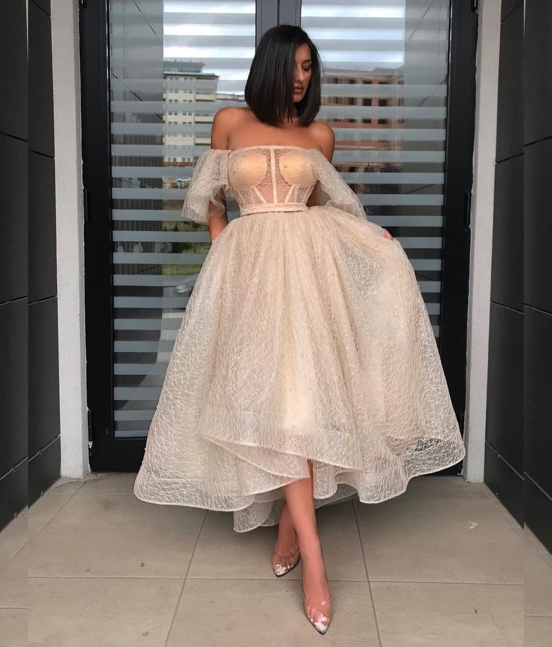 Mesh Off Shoulder Puff Sleeve Corset High Low Tea Length Prom Gown - View 4