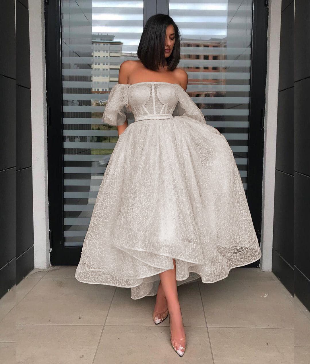 Mesh Off Shoulder Puff Sleeve Corset High Low Tea Length Prom Gown - View 3