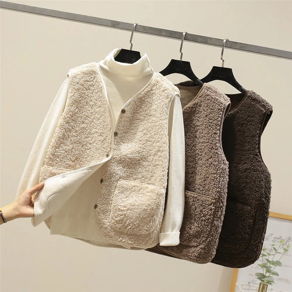 Sherpa Fleece V-Neck Button Front Pocket Vest 10