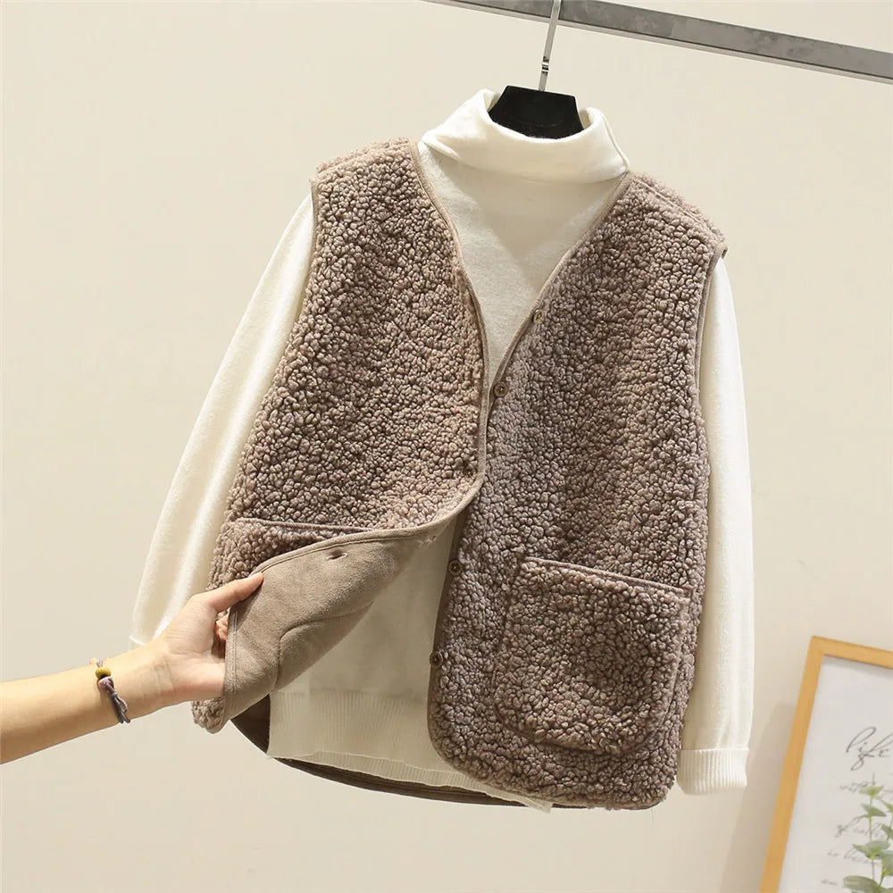 Sherpa Fleece V-Neck Button Front Pocket Vest 7