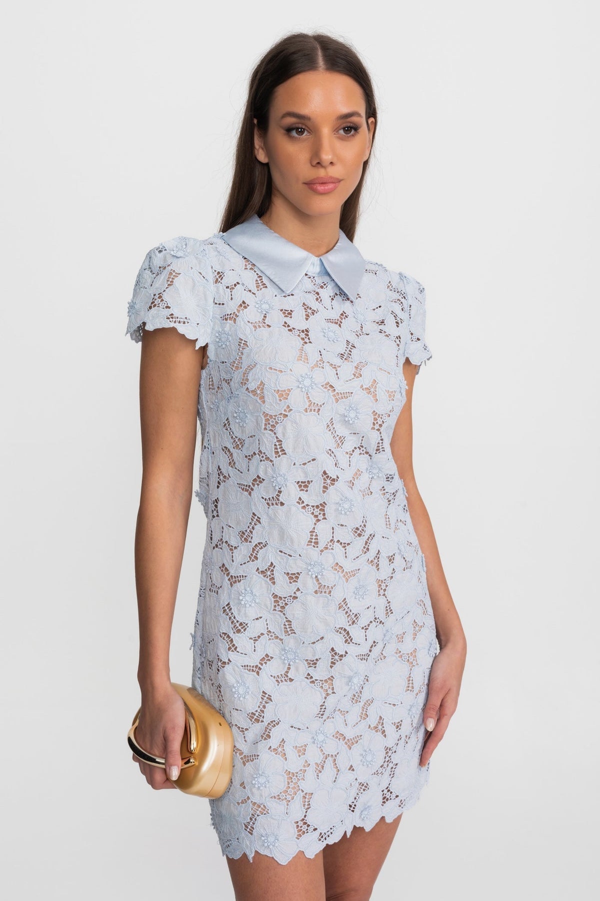 Floral Lace Mini Dress with Satin Collar – Light Blue - View 2
