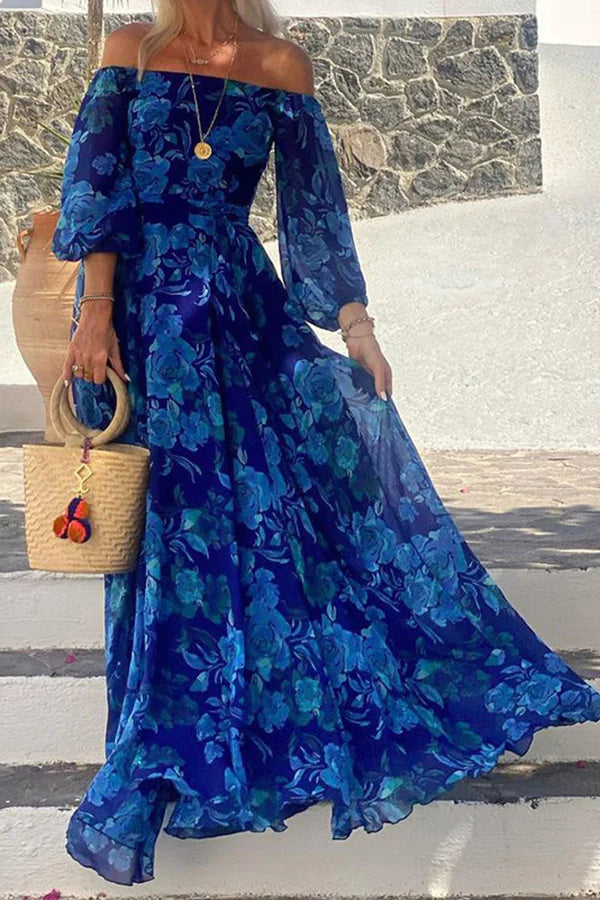 Floral Off Shoulder Lantern Sleeve Tie Waist A-Line Maxi Dress - View 3