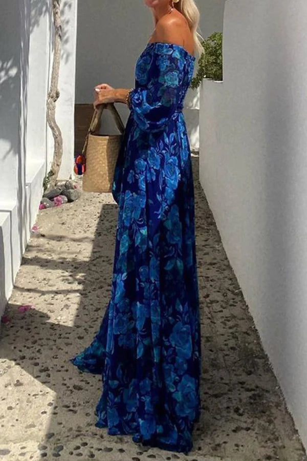 Floral Off Shoulder Lantern Sleeve Tie Waist A-Line Maxi Dress - View 2