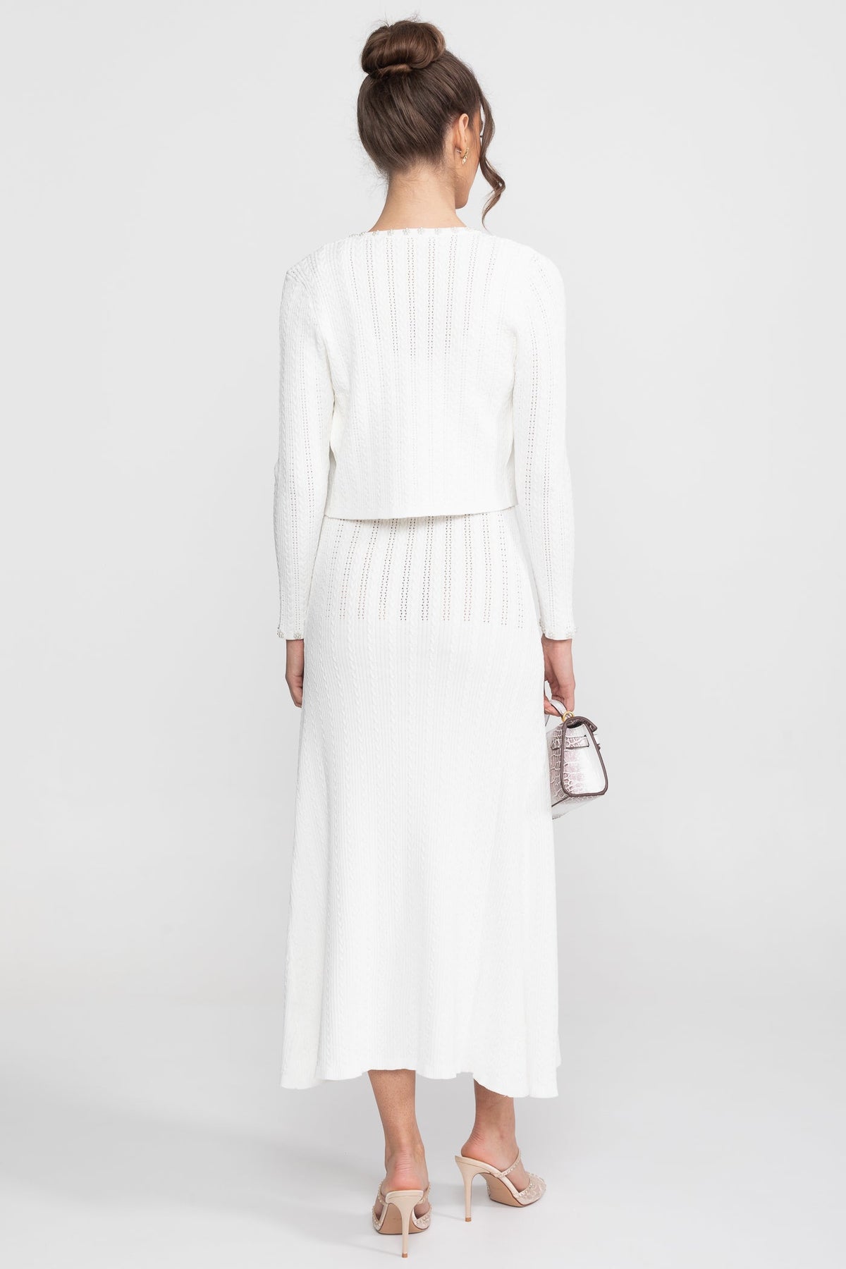 Ribbed Pointelle Pearl Button Cropped Cardigan Sleeveless Set - View 4