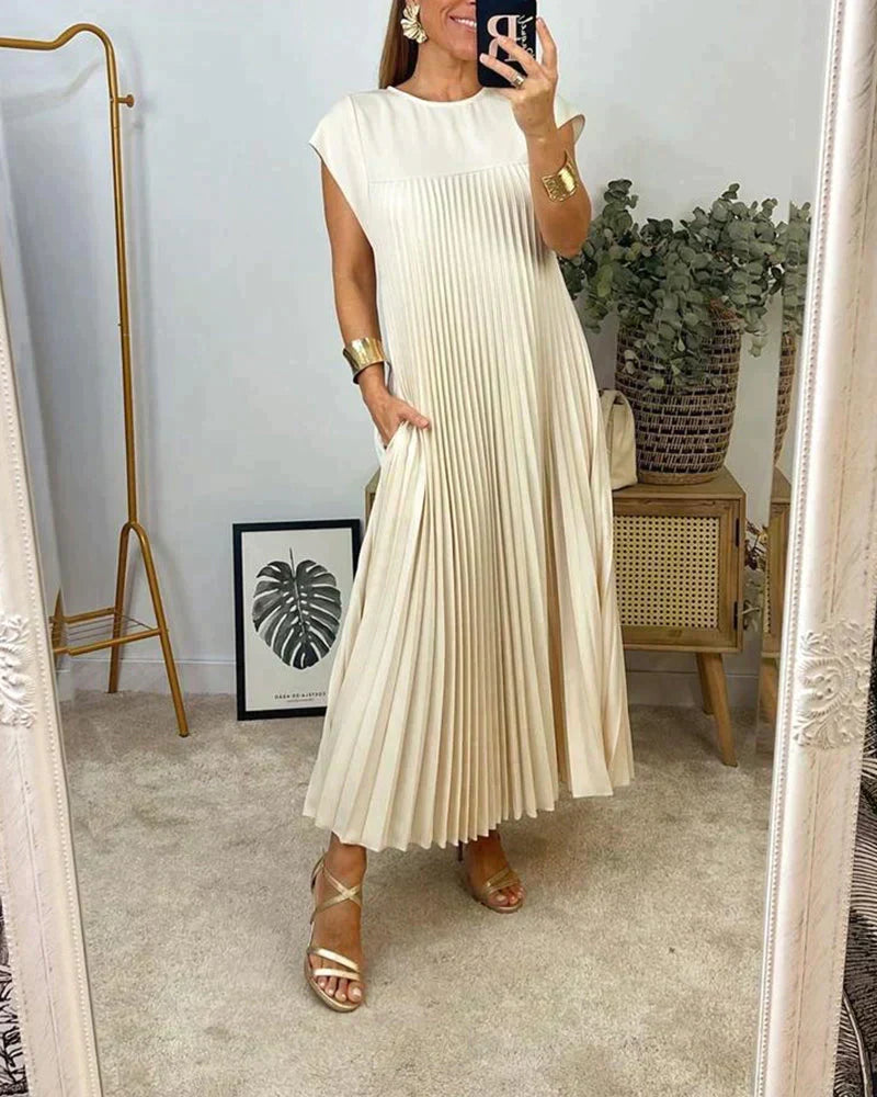 Sleeveless Crew Neck Accordion Pleat Plisse Flowy Maxi Dress - View 5