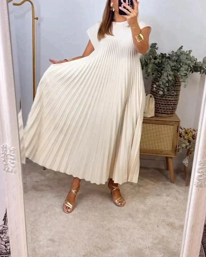 Sleeveless Crew Neck Accordion Pleat Plisse Flowy Maxi Dress - View 4