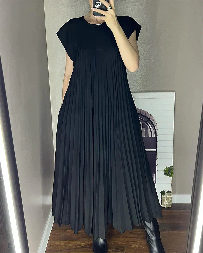 Accordion Pleat Crew Neck Cap Sleeve A-Line Maxi Dress