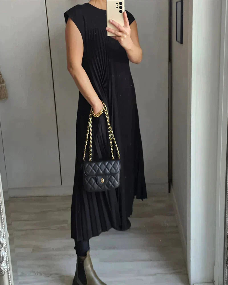 Sleeveless Crew Neck Accordion Pleat Plisse Flowy Maxi Dress