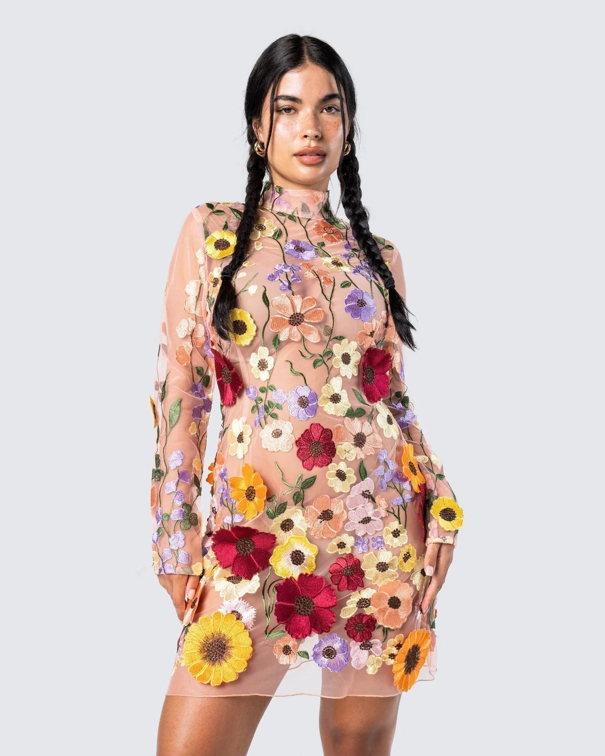 Mock Neck Long Sleeve Floral Embroidered Mesh Bodycon Mini Dress - View 3