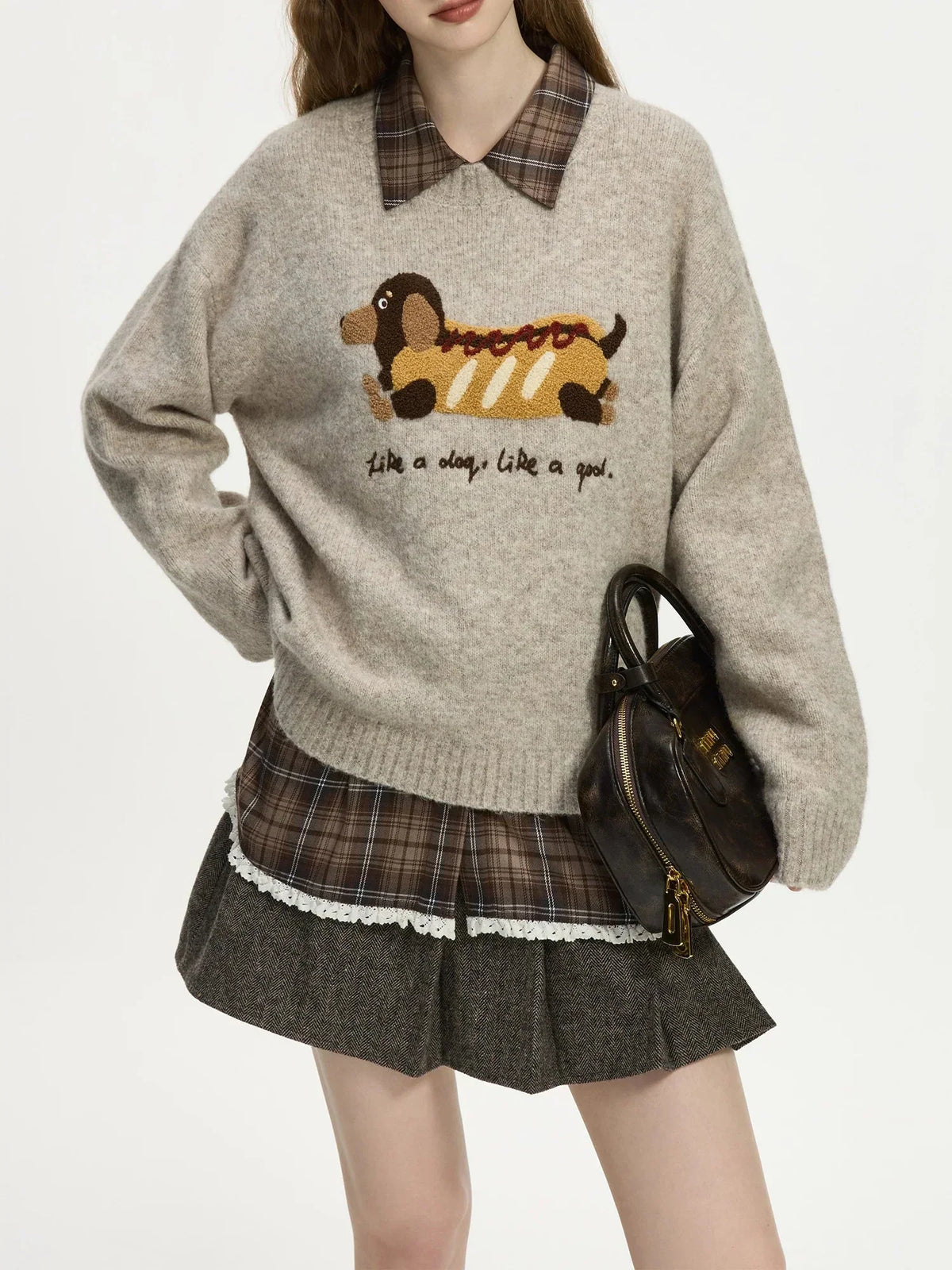 Embroidered Round Neck Drop Sleeve Sweater Oatmeal color / XS
