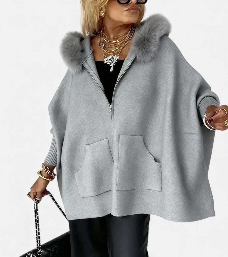 Faux Fur Hooded Zip Front Pocket Cape Coat 3