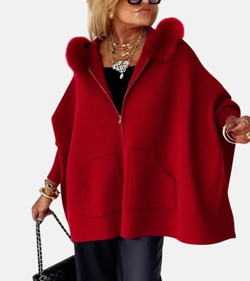 Faux Fur Hooded Zip Front Pocket Cape Coat 6