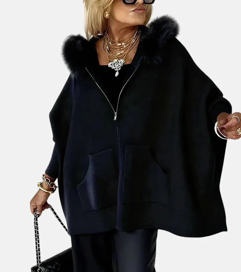 Faux Fur Hooded Zip Front Pocket Cape Coat 2