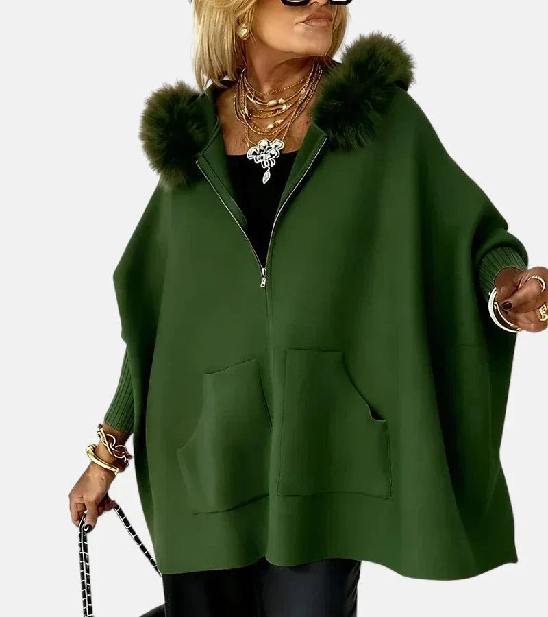 Faux Fur Hooded Zip Front Pocket Cape Coat 4