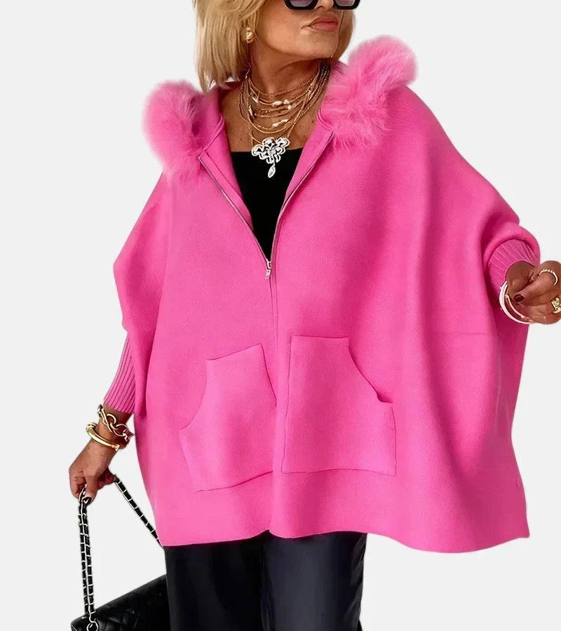 Faux Fur Hooded Zip Front Pocket Cape Coat