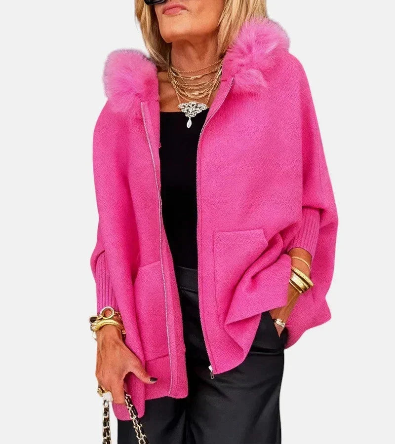 Faux Fur Hooded Zip Front Pocket Cape Coat 8