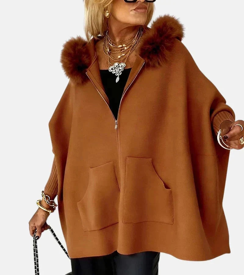 Faux Fur Hooded Zip Front Pocket Cape Coat 5