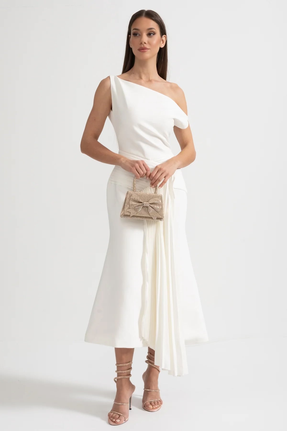 One Shoulder Asymmetric Pleated Side Panel Gathered Waist Midi Dress